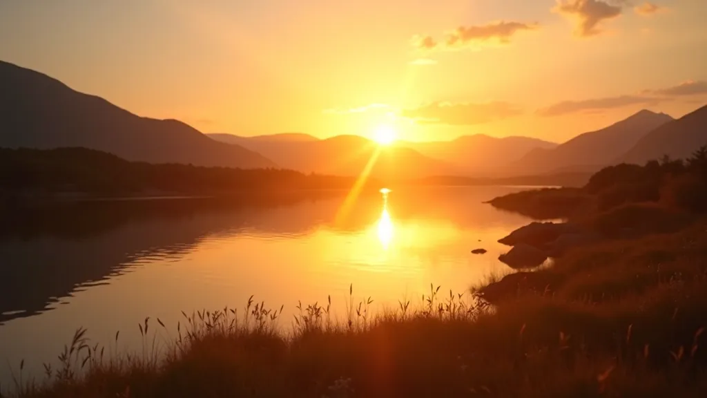 Tranquil lakeside sunset view with calm water reflecting golden light, mountains silhouetted in background, peaceful evening atmosphere
