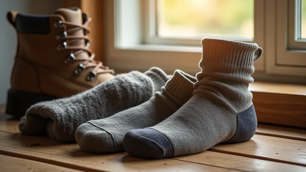 Folded wool hiking socks displayed with hiking boot on wooden surface