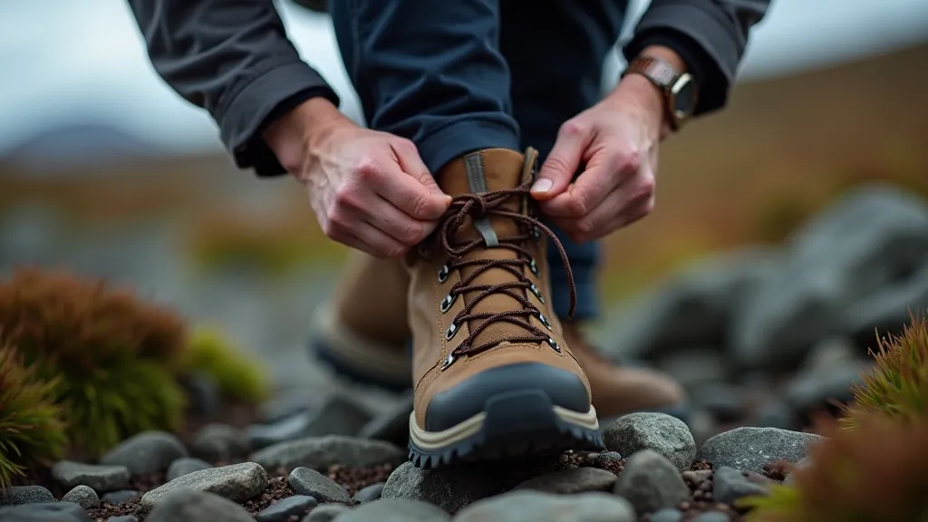 Hands adjusting laces on sturdy waterproof hiking boot before a walk