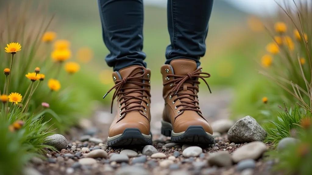 Hiking boots on natural outdoor path, footwear in realistic terrain setting