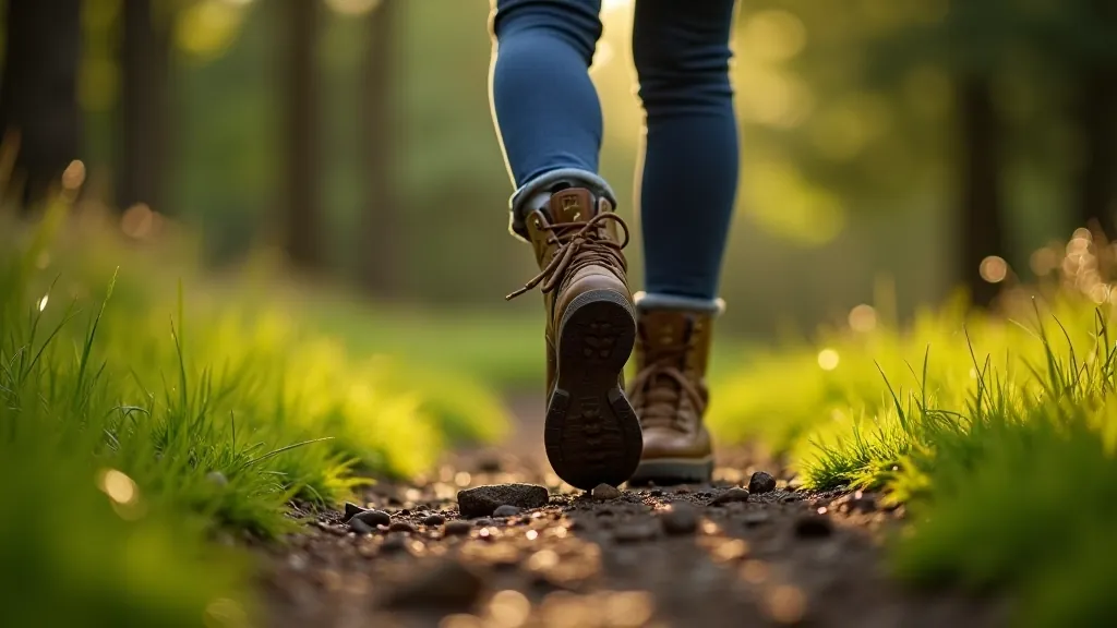 Close-up of hiking boots on natural trail with morning dew, forest background, peaceful walking scene