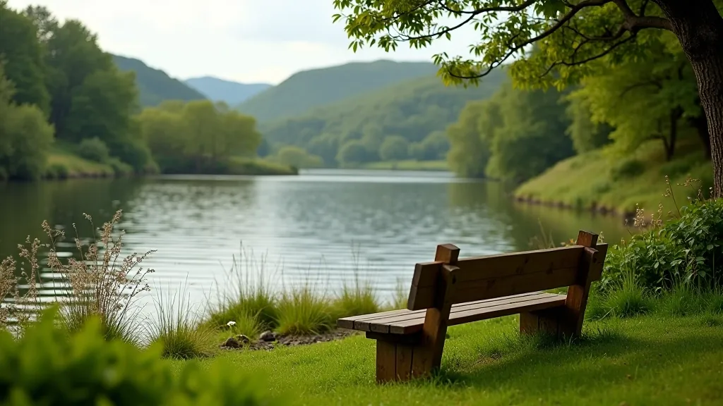 Peaceful lakeside rest area with wooden benches overlooking calm water and surrounding greenery