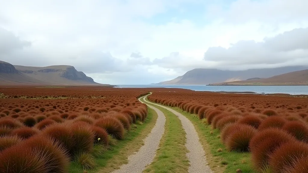 Wide bog landscape path with low heather vegetation stretching toward distant hills and coastal views under partly cloudy sky