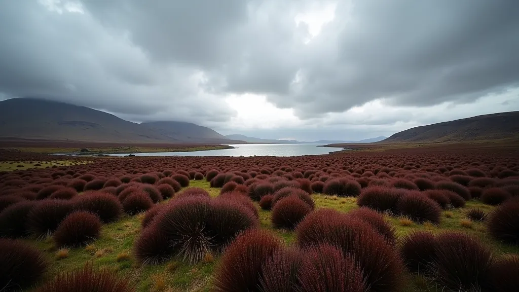 Bog landscape under dramatic sky with approaching weather clouds and wind-shaped vegetation, moody atmospheric lighting