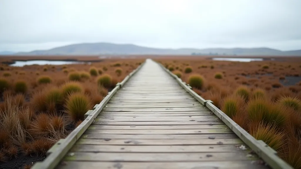 Bog boardwalk wooden pathway elevated above wet peatland, small plants and moss alongside, overcast sky, quiet natural setting