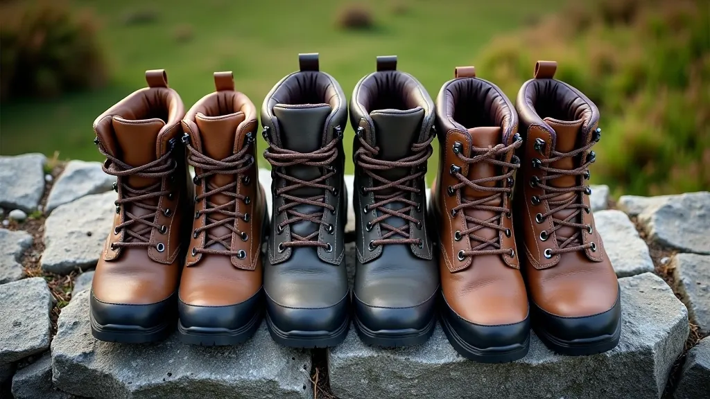 Selection of different waterproof hiking boots and shoes arranged on natural stone surface
