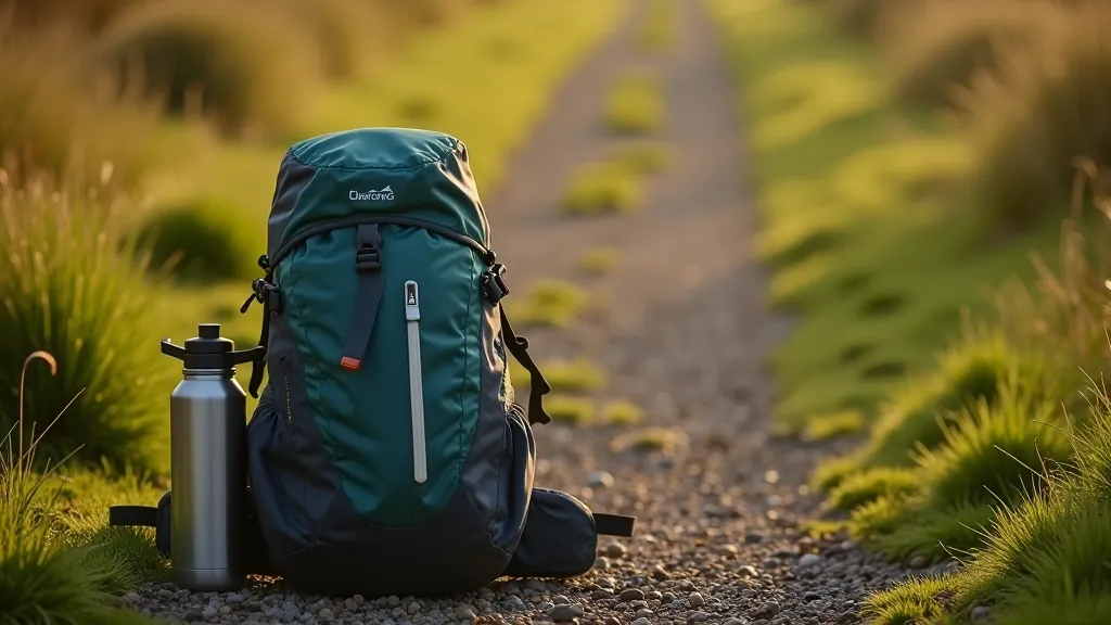 Backpack with weather protection gear and water bottle on outdoor trail