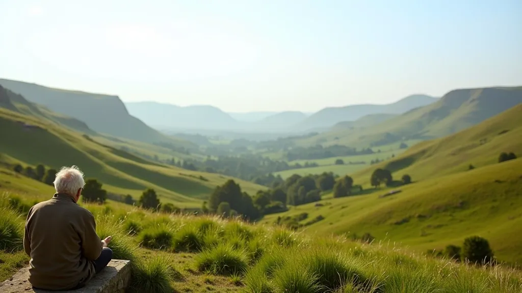 Scenic valley view from rest point, rolling green hills, clear sky, peaceful landscape