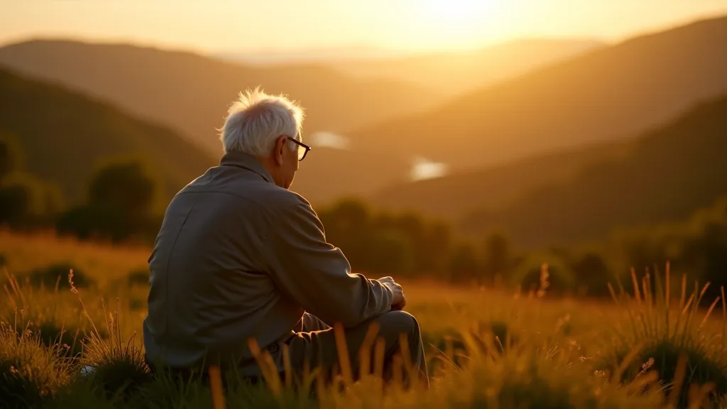 Senior adult from behind sitting peacefully, outdoor natural setting with scenic view