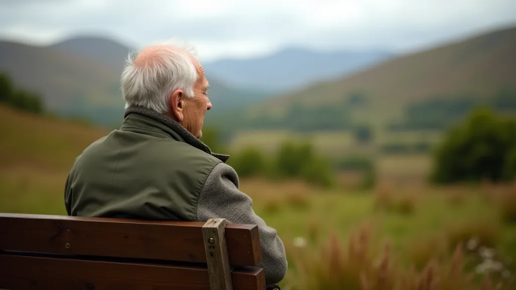 Senior person resting on wooden bench overlooking valley, peaceful moment, natural daylight