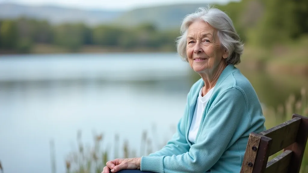 Senior adult woman sitting peacefully on wooden bench overlooking calm lake, relaxed posture, natural outdoor setting with water view