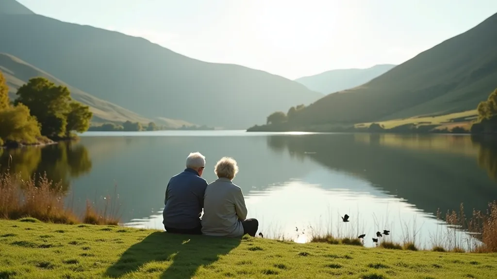 Peaceful lakeside setting with calm water and green shoreline