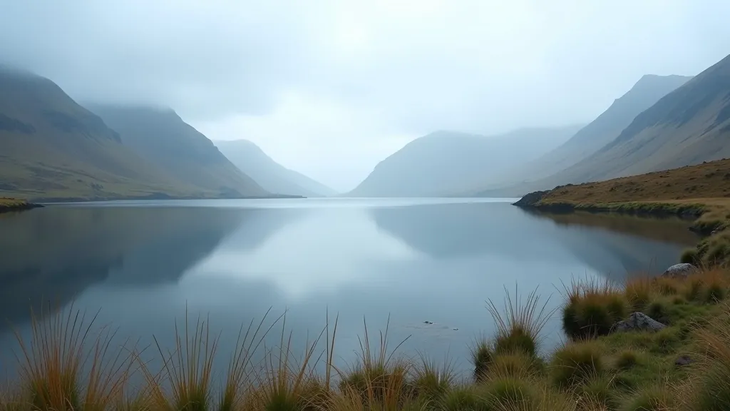 Serene Connemara landscape with calm lake reflecting surrounding mountains and cloudy sky, peaceful natural scenery
